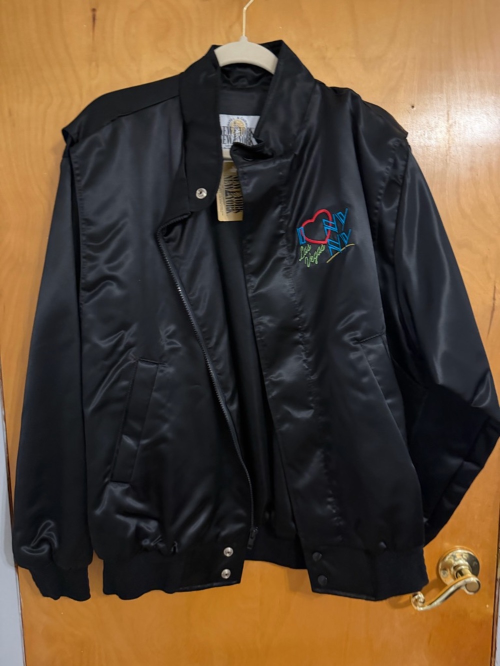 Classic Black Satin Bomber Jacket with Embroidered Logo